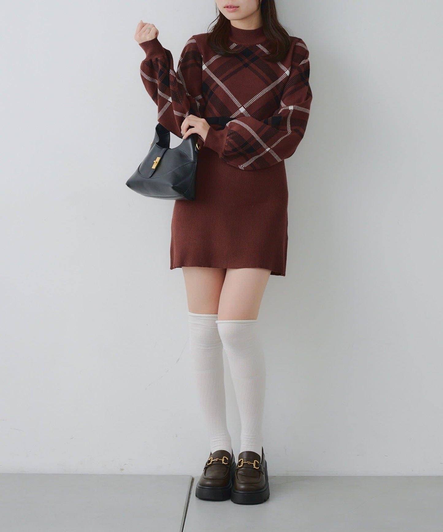 【RMAF】格紋拼接針織迷你連衣裙