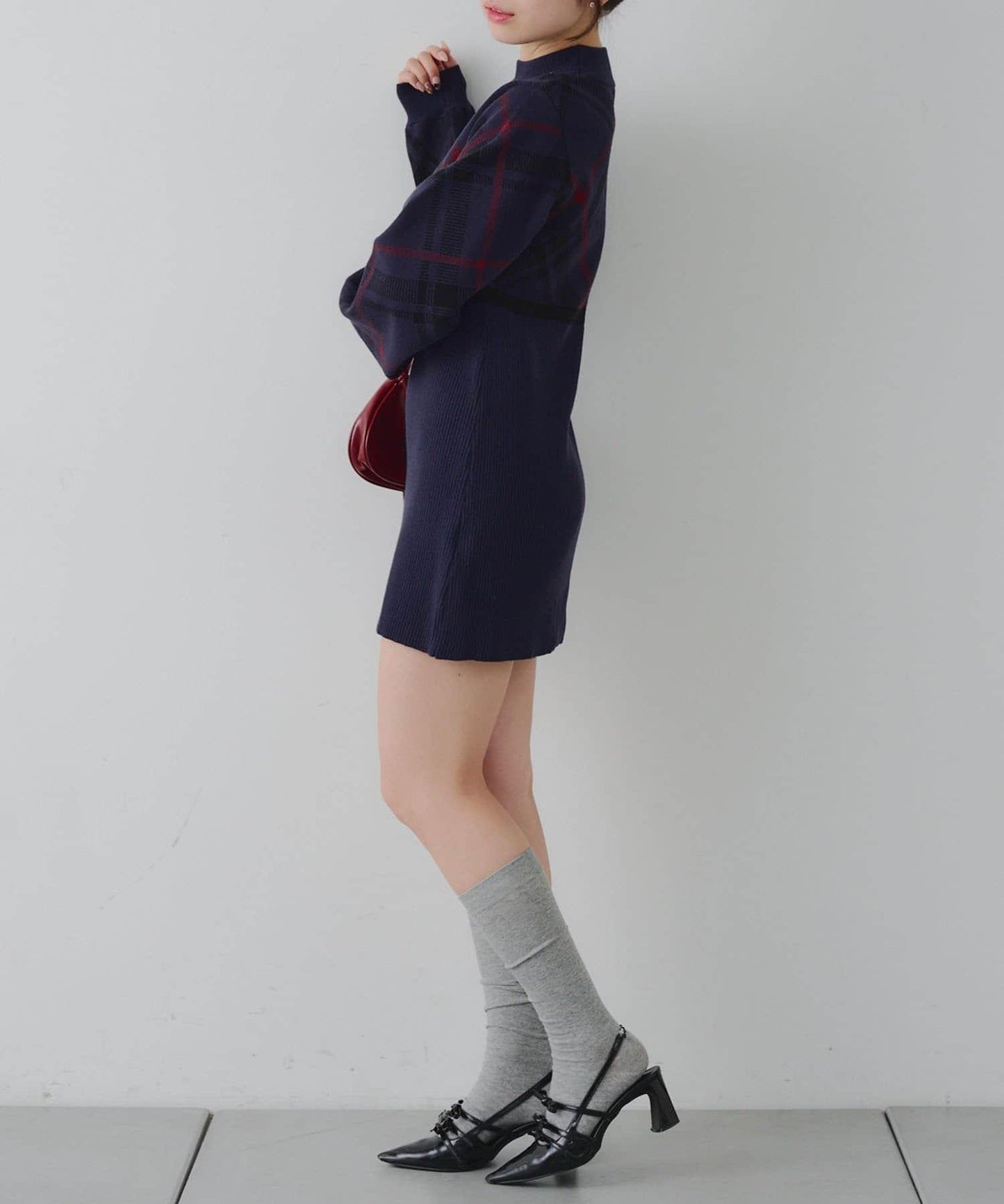 【RMAF】格紋拼接針織迷你連衣裙