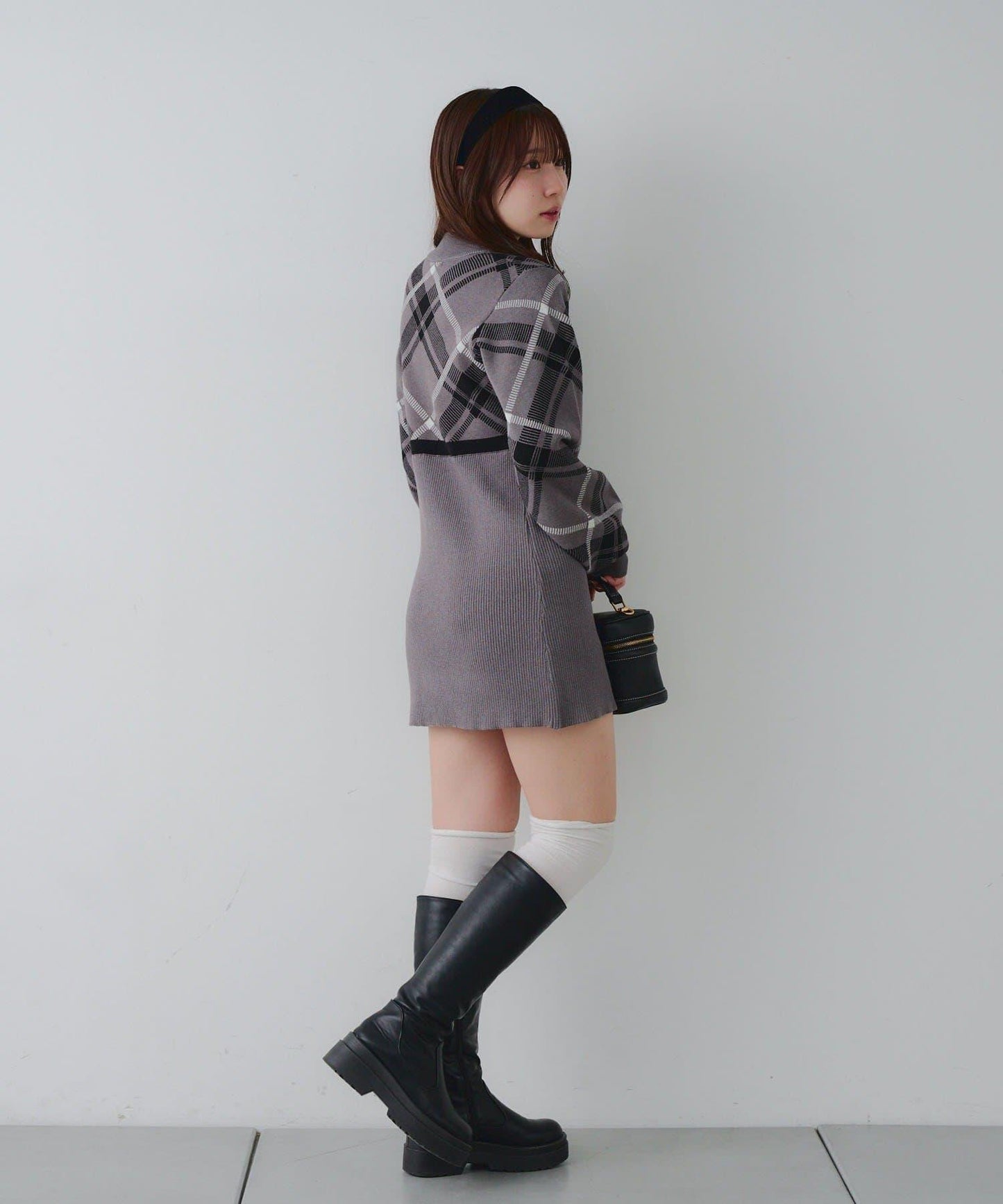 【RMAF】格紋拼接針織迷你連衣裙