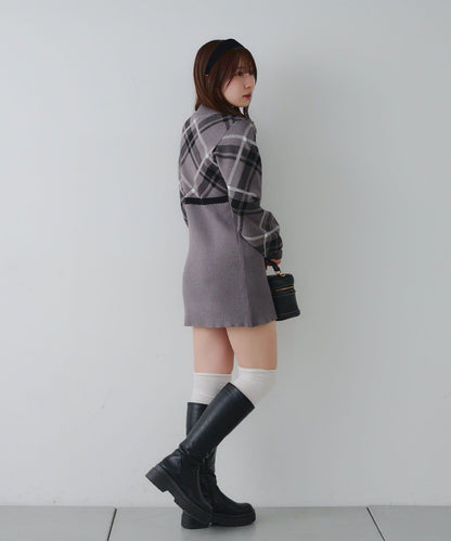 【RMAF】格紋拼接針織迷你連衣裙