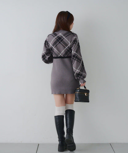 【RMAF】格紋拼接針織迷你連衣裙