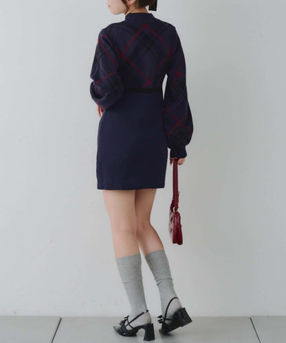 【RMAF】格紋拼接針織迷你連衣裙