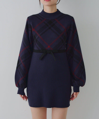 【RMAF】格紋拼接針織迷你連衣裙