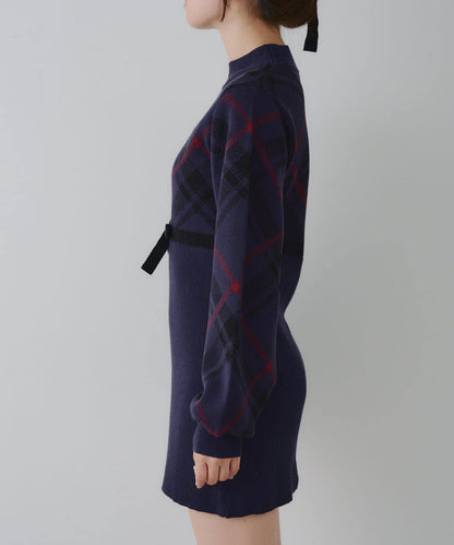【RMAF】格紋拼接針織迷你連衣裙