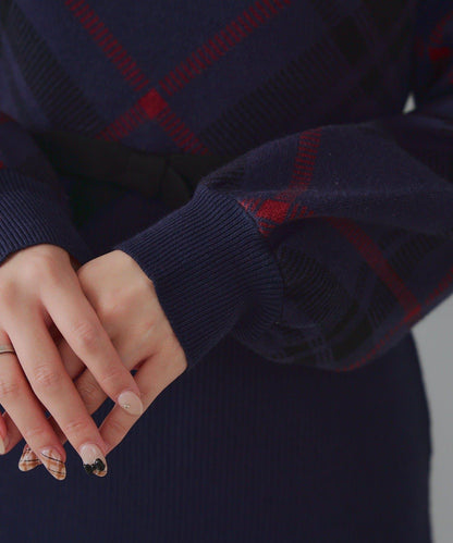 【RMAF】格紋拼接針織迷你連衣裙