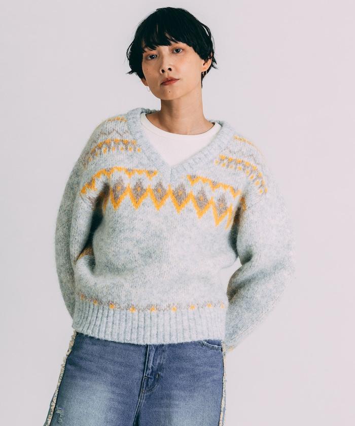 V領拼色北歐圖案針織衫