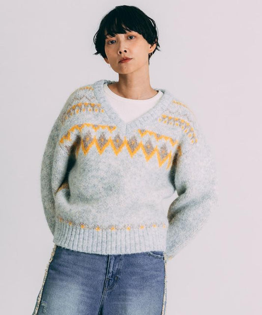 V領拼色北歐圖案針織衫