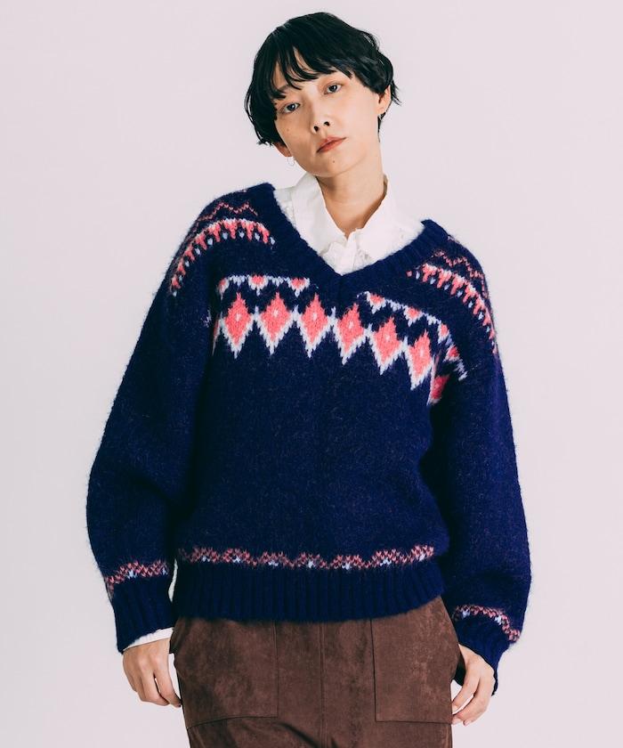 V領拼色北歐圖案針織衫