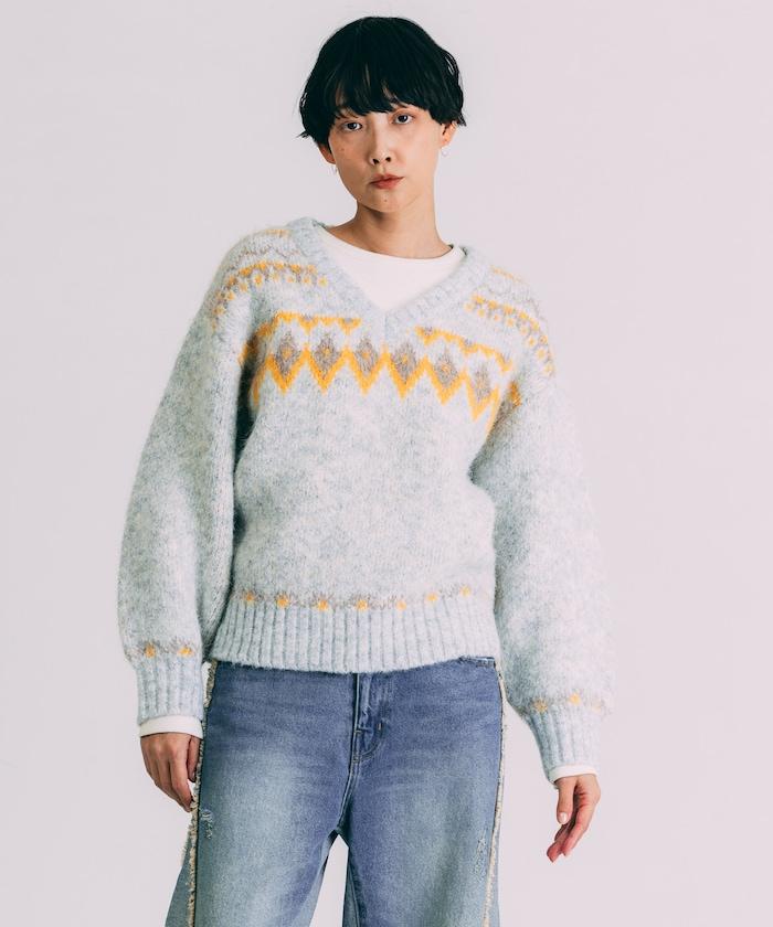 V領拼色北歐圖案針織衫