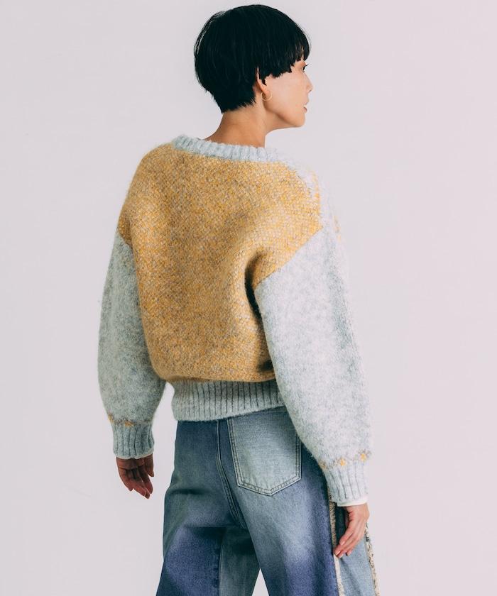 V領拼色北歐圖案針織衫