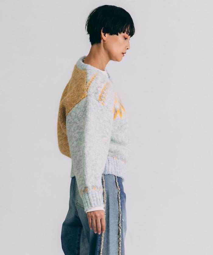 V領拼色北歐圖案針織衫