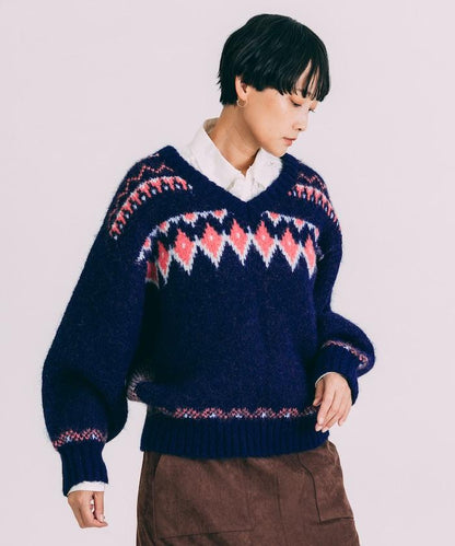 V領拼色北歐圖案針織衫