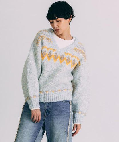 V領拼色北歐圖案針織衫