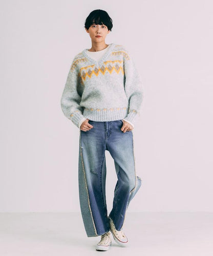 V領拼色北歐圖案針織衫