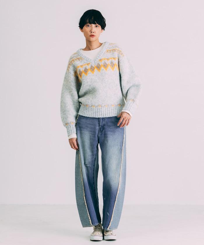 V領拼色北歐圖案針織衫