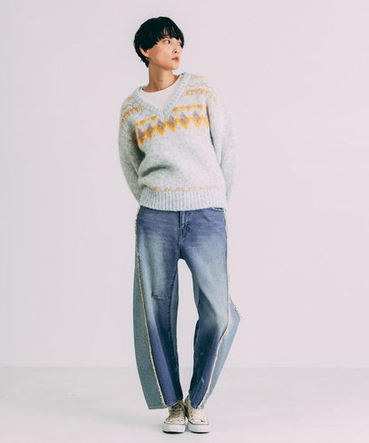 V領拼色北歐圖案針織衫