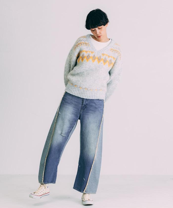 V領拼色北歐圖案針織衫