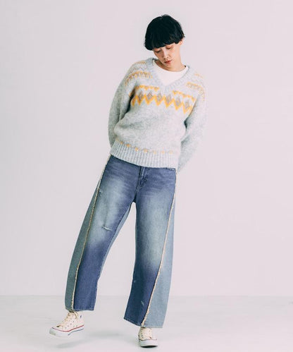 V領拼色北歐圖案針織衫