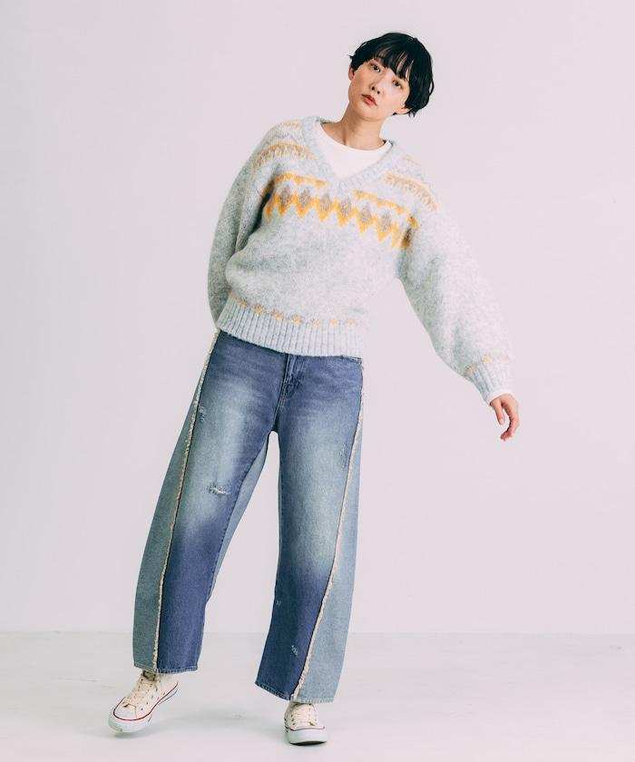 V領拼色北歐圖案針織衫