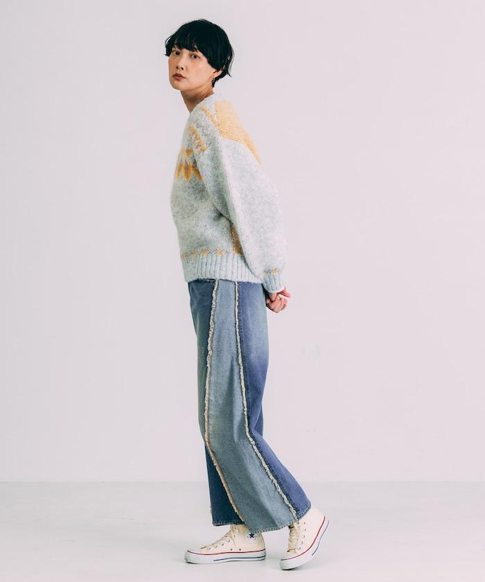 V領拼色北歐圖案針織衫