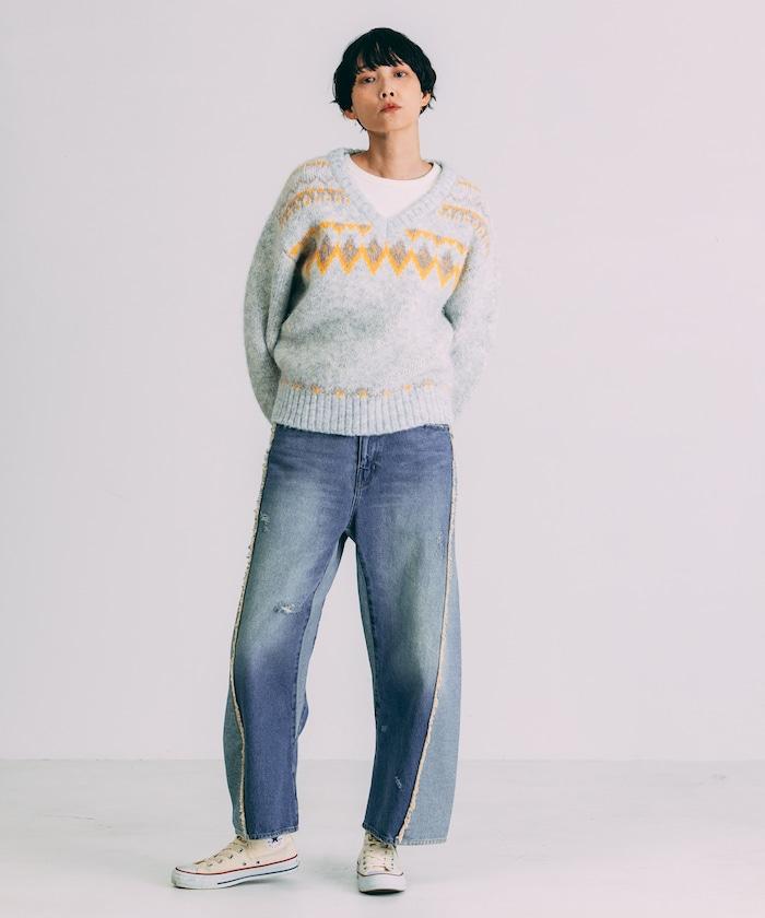 V領拼色北歐圖案針織衫