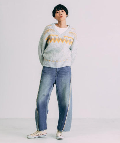 V領拼色北歐圖案針織衫