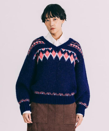 V領拼色北歐圖案針織衫