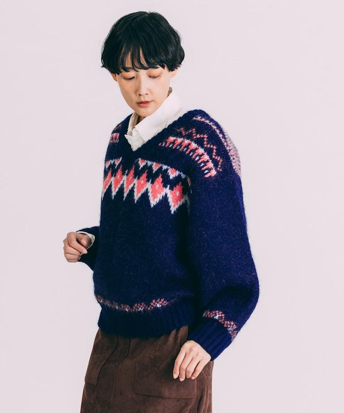 V領拼色北歐圖案針織衫