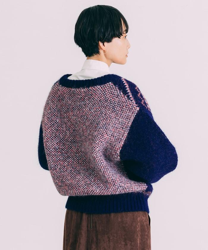 V領拼色北歐圖案針織衫