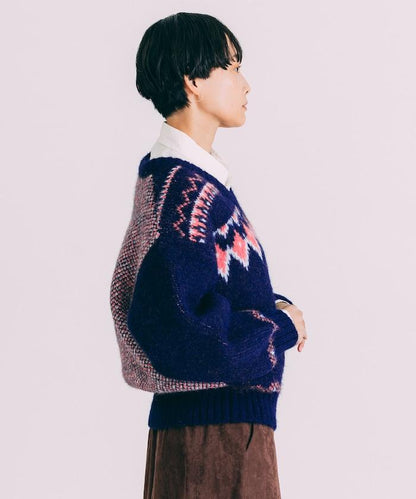 V領拼色北歐圖案針織衫