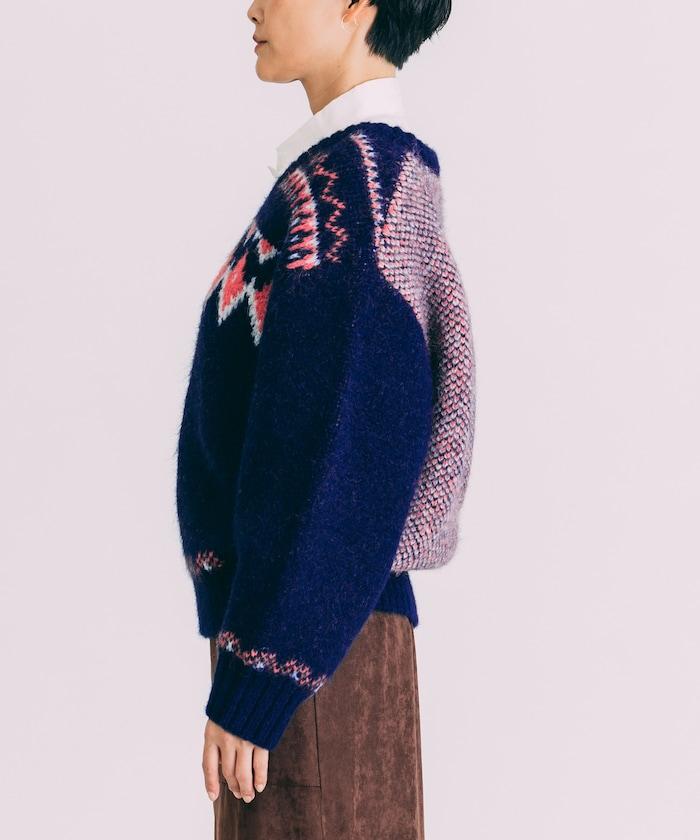 V領拼色北歐圖案針織衫