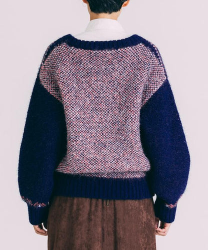 V領拼色北歐圖案針織衫