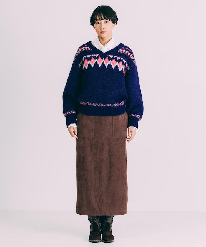 V領拼色北歐圖案針織衫