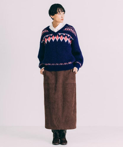 V領拼色北歐圖案針織衫