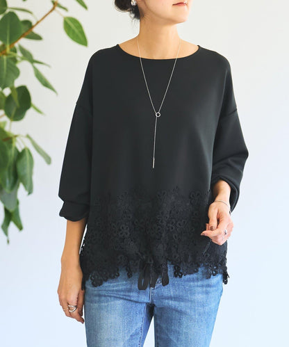 紙箱布拼接蕾絲下襬套頭衫