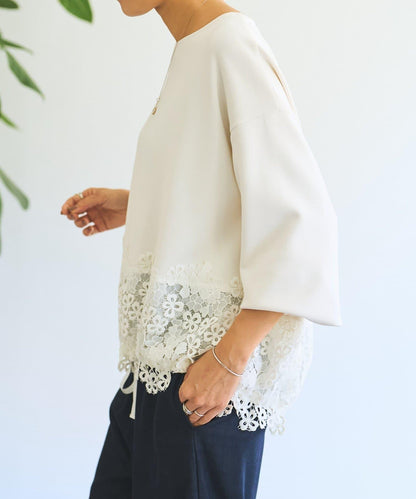 紙箱布拼接蕾絲下襬套頭衫