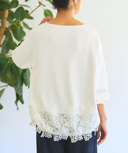 紙箱布拼接蕾絲下襬套頭衫