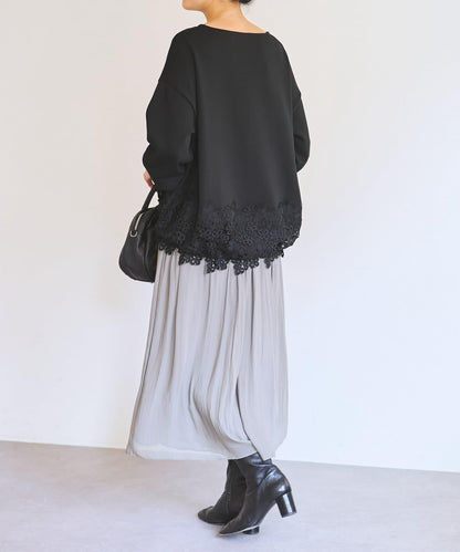 紙箱布拼接蕾絲下襬套頭衫