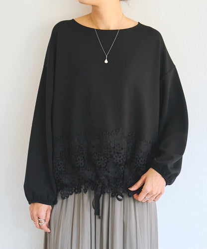 紙箱布拼接蕾絲下襬套頭衫