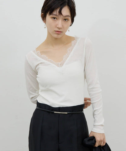 V字蕾絲長袖T恤