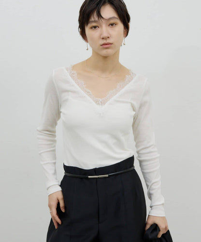 V字蕾絲長袖T恤