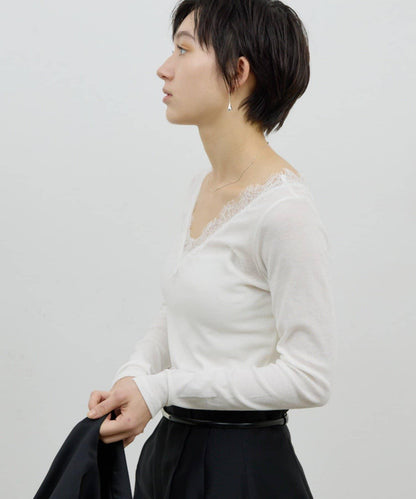 V字蕾絲長袖T恤