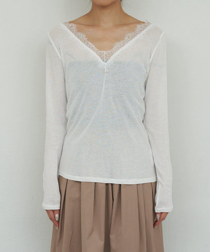 V字蕾絲長袖T恤