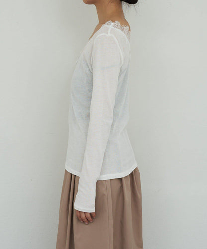 V字蕾絲長袖T恤