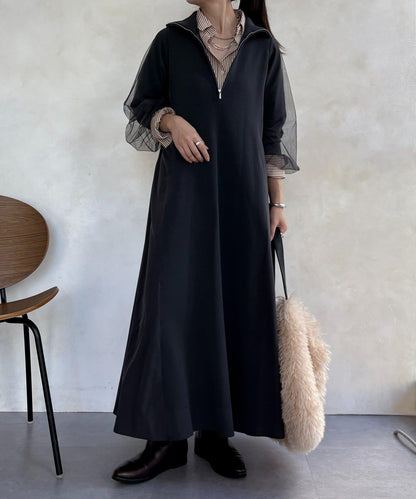 袖部網紗半拉鍊連衣裙