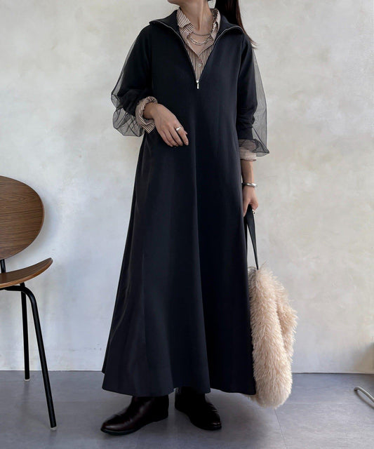 袖部網紗半拉鍊連衣裙