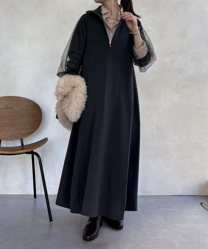 袖部網紗半拉鍊連衣裙