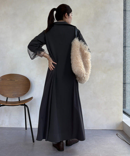 袖部網紗半拉鍊連衣裙