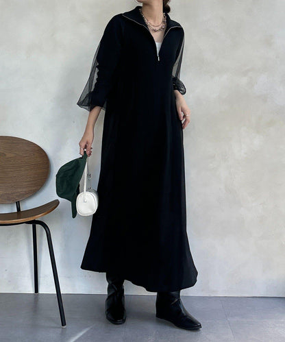 袖部網紗半拉鍊連衣裙