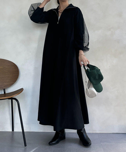 袖部網紗半拉鍊連衣裙